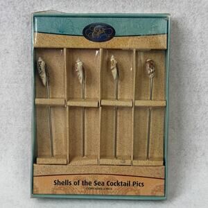 VTG Shells of the Sea Cocktail Pics Epic Set of 4 Metal Pics Wine Party Spirits